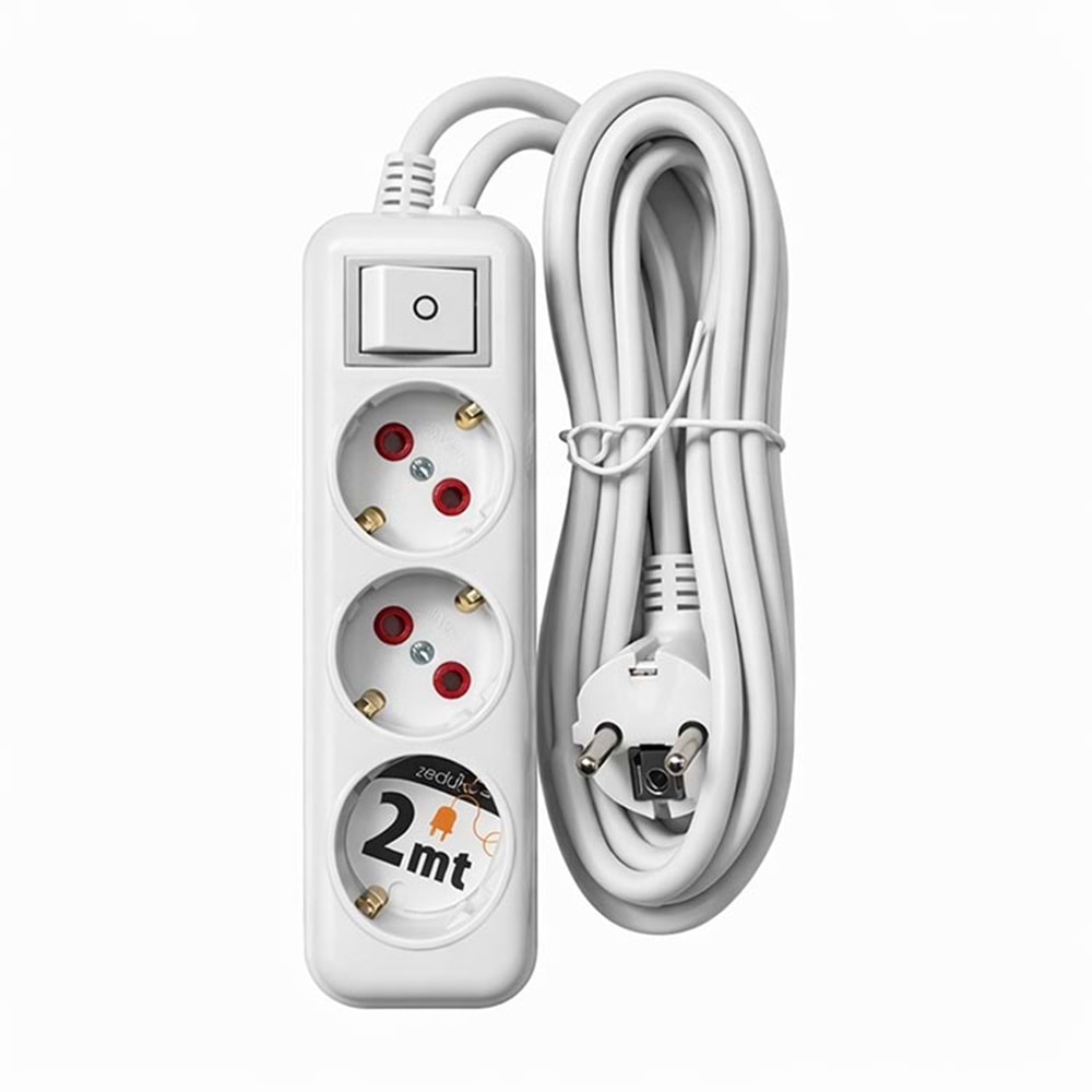 Grup Priz 3’lü 2 Metre Anahtarlı Kablolu Topraklı Priz