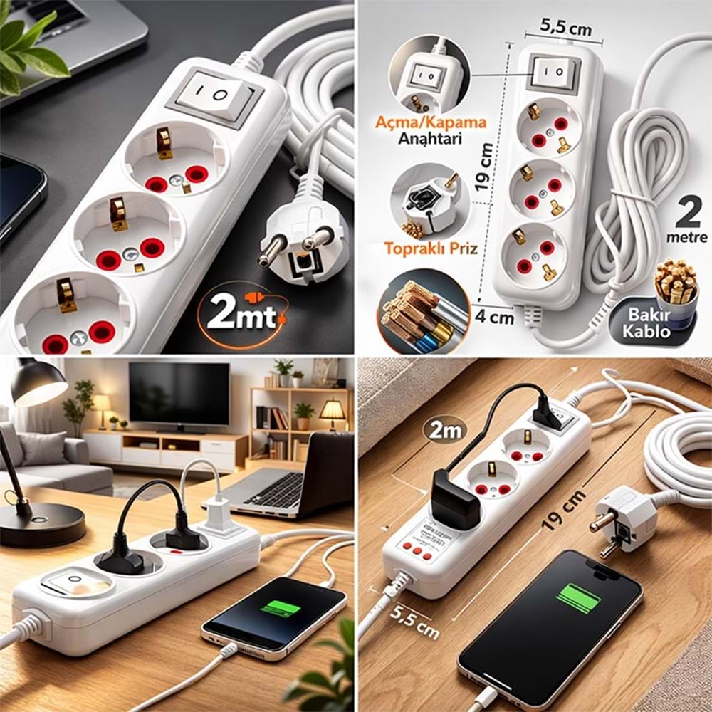 Grup Priz 3’lü 2 Metre Anahtarlı Kablolu Topraklı Priz