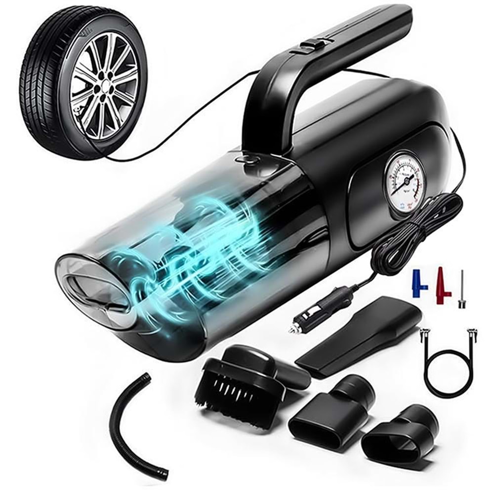 Kompresör 4'ü 1 arada Saatli Göstergeli El Süpürgesi ve Lastik Şişirme Hava Kompresörü