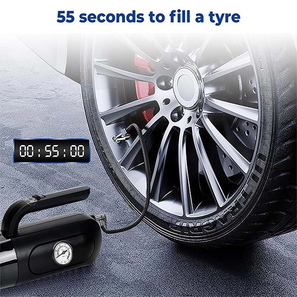 Kompresör 4'ü 1 arada Saatli Göstergeli El Süpürgesi ve Lastik Şişirme Hava Kompresörü