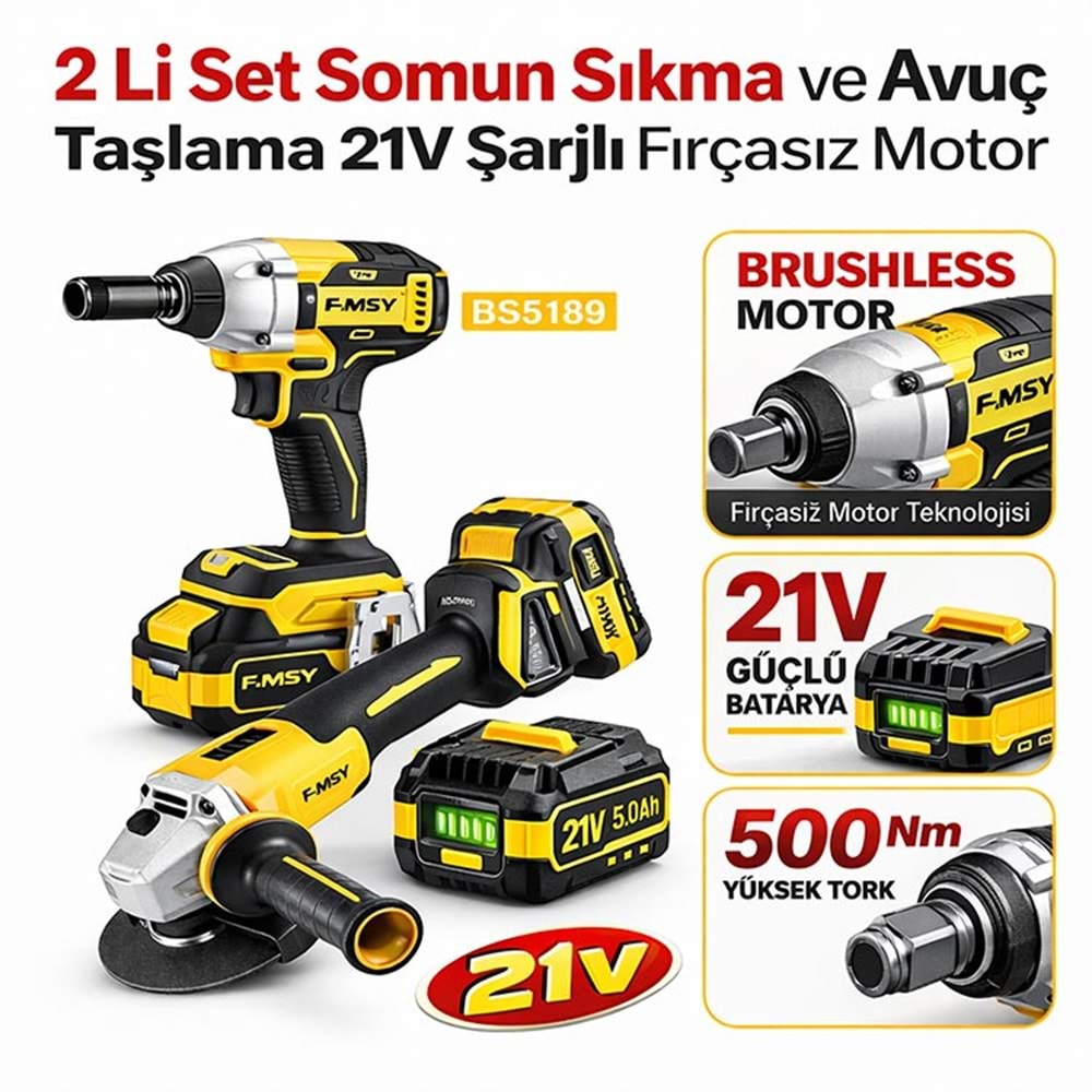 2 Li Set Somun Sıkma ve Avuç Taşlama 21V Şarjlı Fırçasız Motor