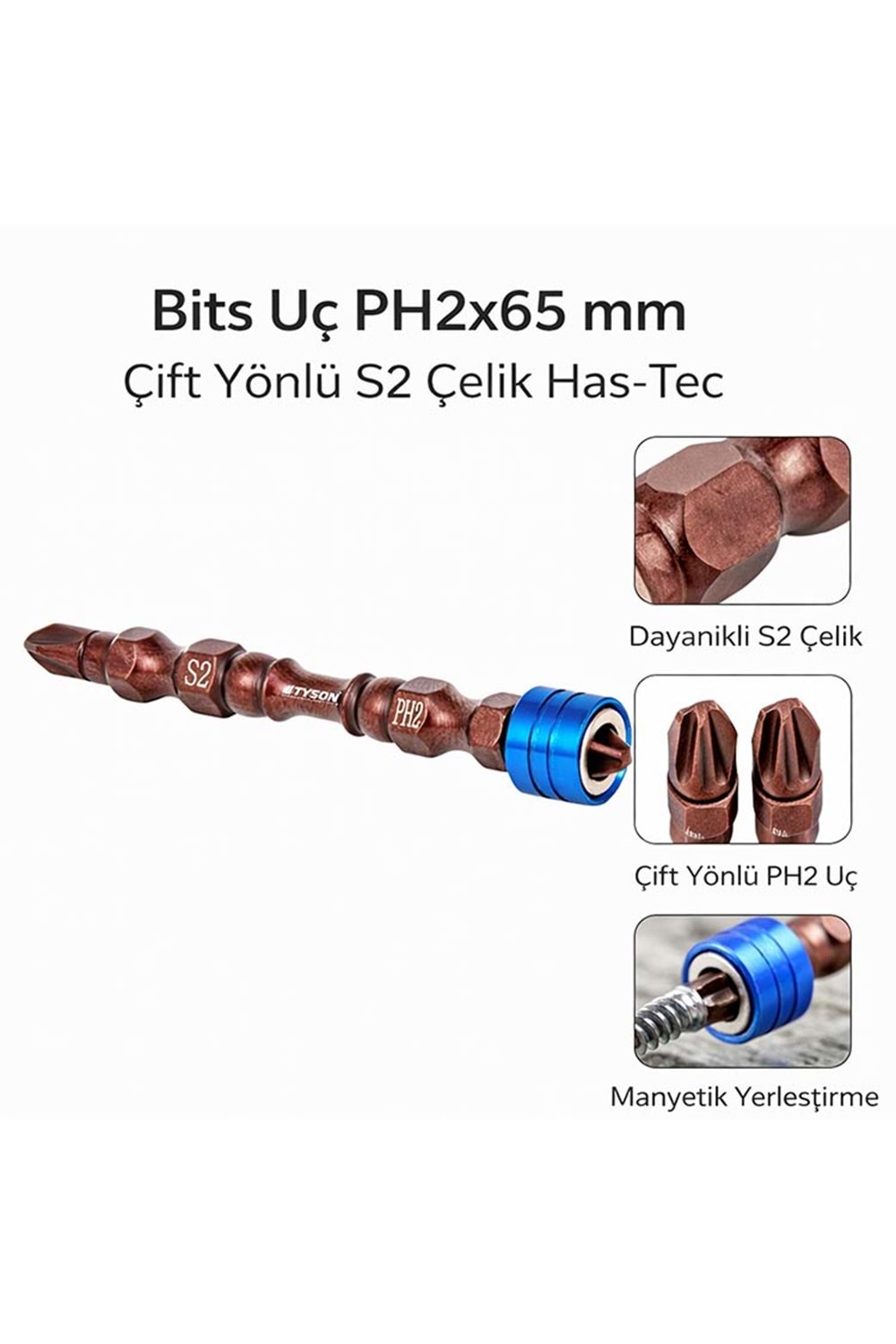 Bits Uç PH2x65 mm Çift Yönlü Mıknatıslı S2 Çelik Has-Tec