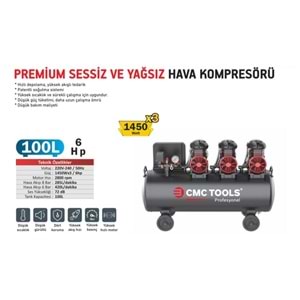 Hava Kompresörü 100 LT 6 HP Sessiz Yağsız CMC Premium