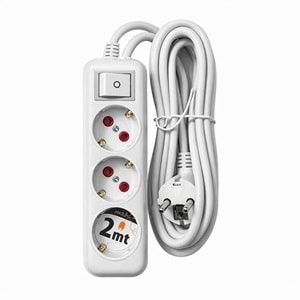 Grup Priz 3’lü 2 Metre Anahtarlı Kablolu Topraklı Priz