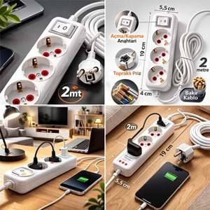Grup Priz 3’lü 2 Metre Anahtarlı Kablolu Topraklı Priz