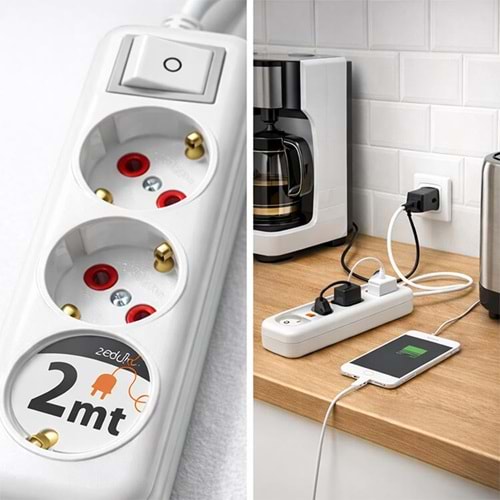 Grup Priz 3’lü 2 Metre Anahtarlı Kablolu Topraklı Priz