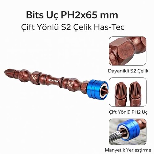 Bits Uç PH2x65 mm Çift Yönlü S2 Çelik Has-Tec