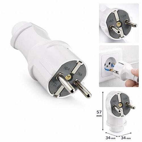 Topraklı Erkek Fiş 16A 250V Güvenli Priz Fişi