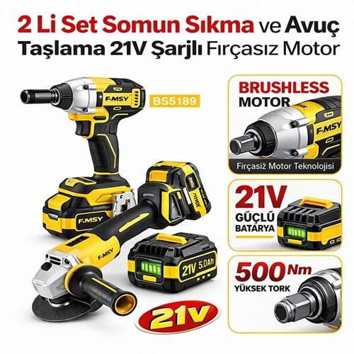 2 Li Set Somun Sıkma ve Avuç Taşlama 21V Şarjlı Fırçasız Motor