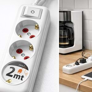 Grup Priz 3’lü 2 Metre Anahtarlı Kablolu Topraklı Priz