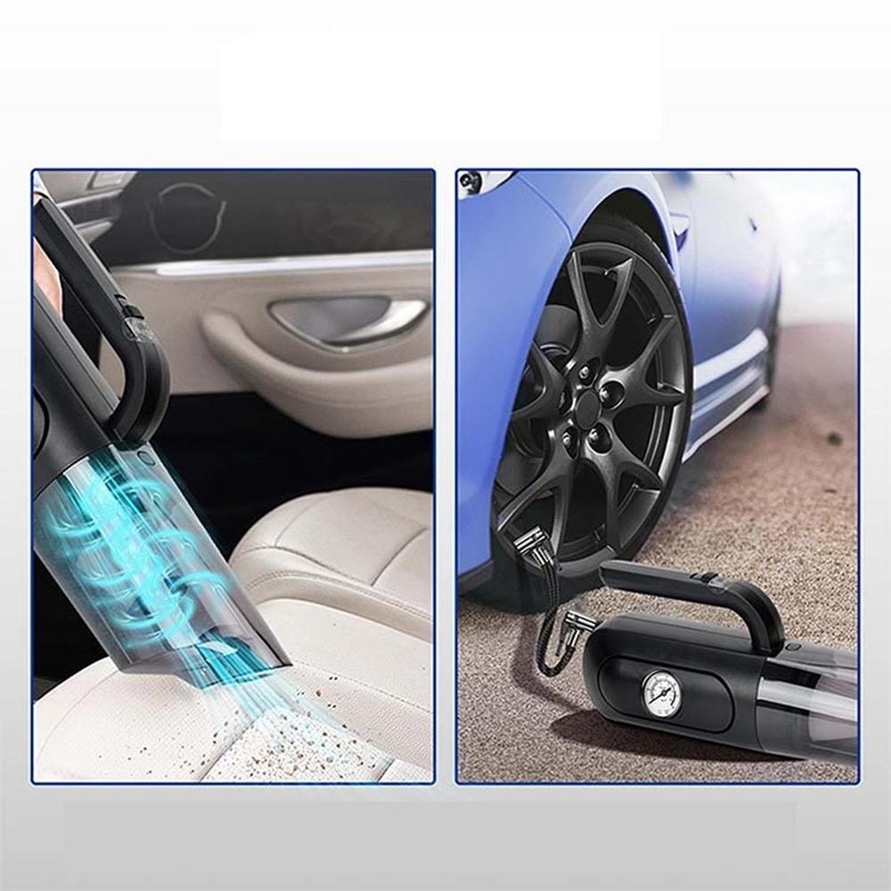 4'ü 1 arada Saat Göstergeli Güçlü Emişli Elektrikli El Süpürgesi ve Lastik Şişirme Hava Kompresörü