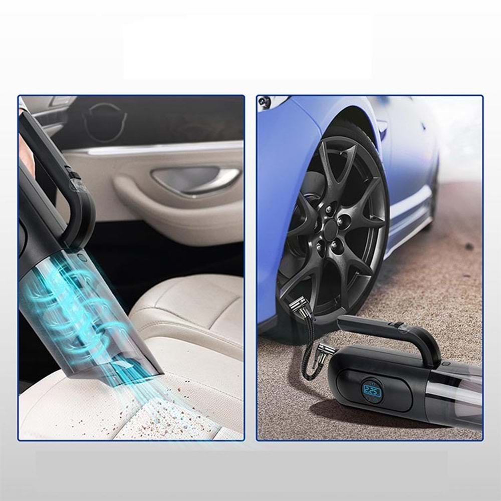 4'ü 1 arada Dijital Göstergeli Güçlü Emişli Elektrikli El Süpürgesi ve Lastik Şişirme Hava Kompresörü