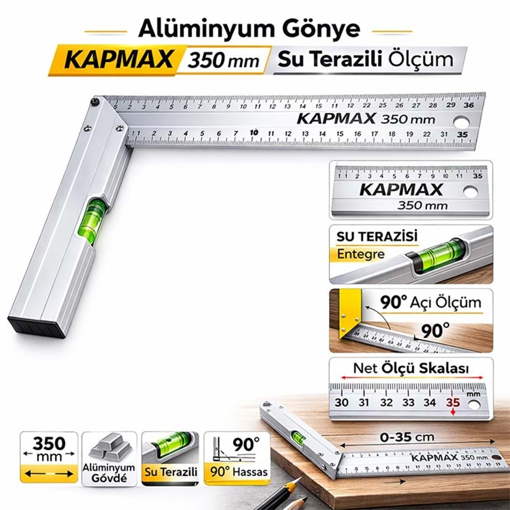 Alüminyum köşe Gönye Kapmax 350 Mm Su Terazili Ölçüm